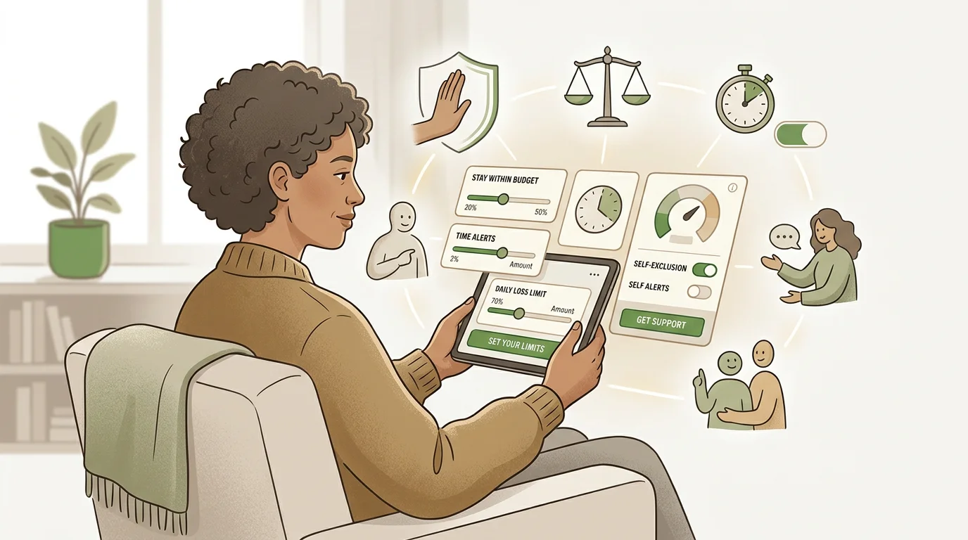 Persona revisando límites de juego y opciones de ayuda con una interfaz sobria